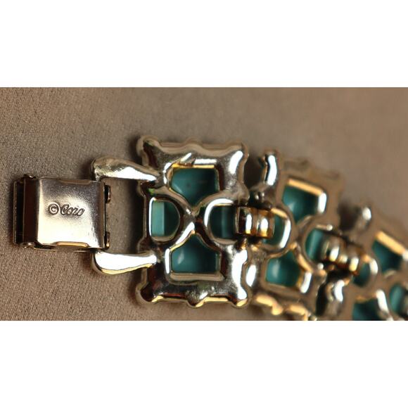 Vintage Coro Turquoise Panel Bracelet Wide Plastic Links - Picture 4 of 5